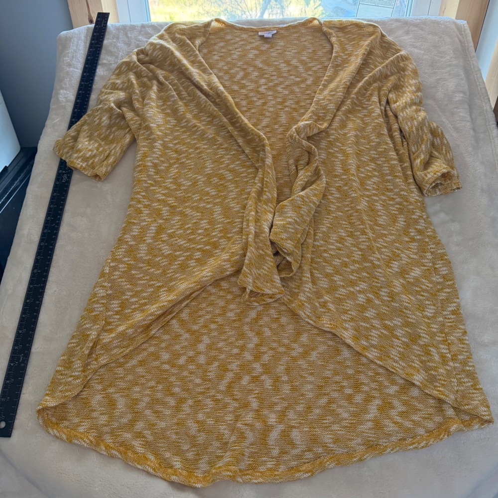 LuLaRoe Joy Vest Mustard Yellow White Space Dye Knit Waterfall Open Front Large
